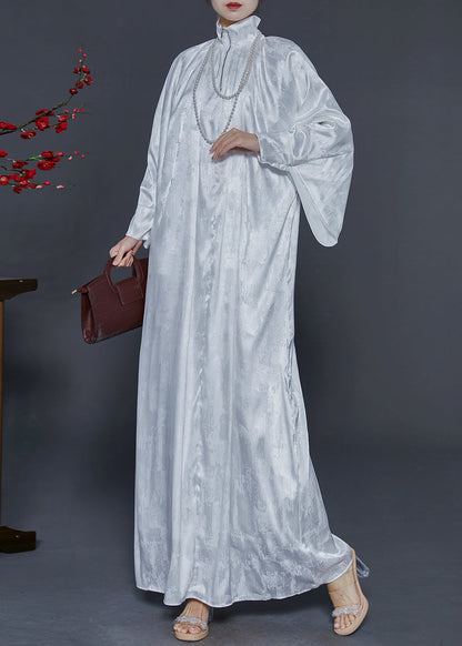White Zip Up Jacquard Wear on Both Sides Silk Long Dress Fall