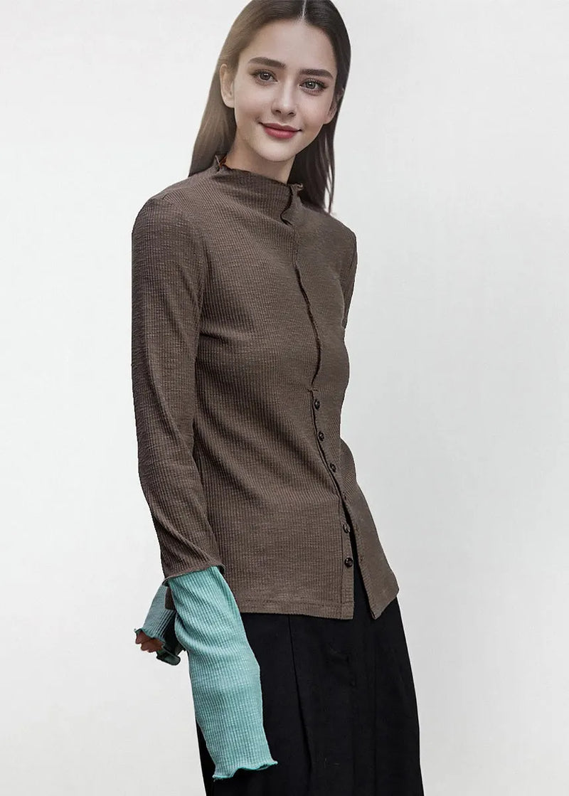 Brown Button Patchwork Cotton T Shirts Fall