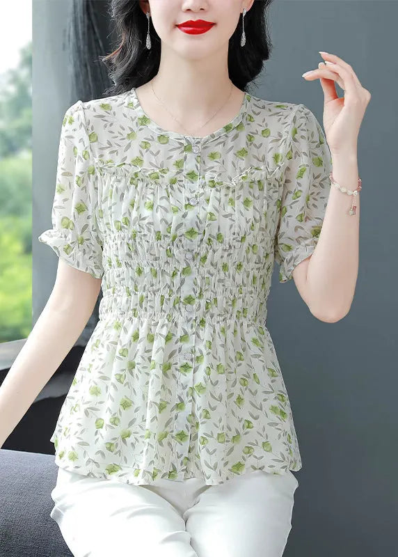 Stylish Green O-neck Ruffled Print Chiffon Shirts Summer