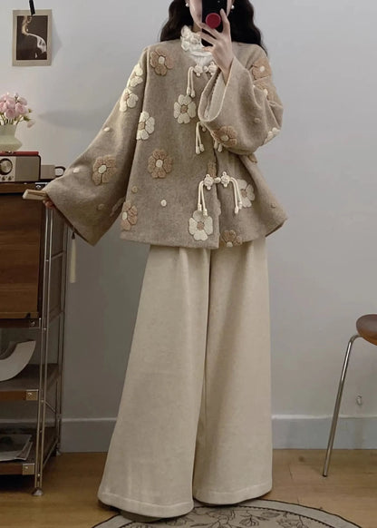 Apricot Chinese Button Coat and Wide Leg Pants Woolen Two Pieces Set Fall