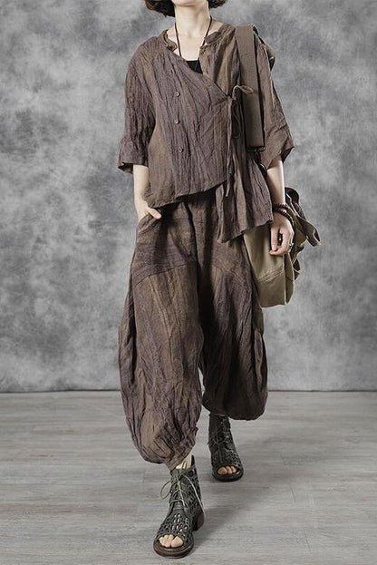 Linen Pleated Elastic Waist Pocket Lantern Pants