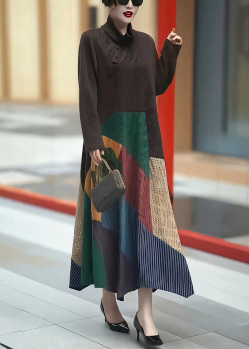 Coffee Turtleneck Tie Waist Patchwork Long Dress Winter