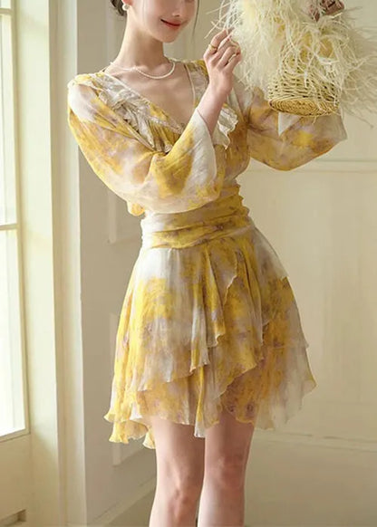 Stylish Yellow Ruffled Lace Print Chiffon Mid Dress Fall