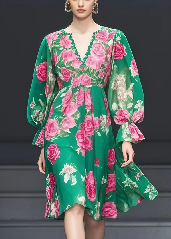 Green V Neck Print Chiffon Tea Dress Fall