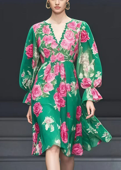 Green V Neck Print Chiffon Tea Dress Fall