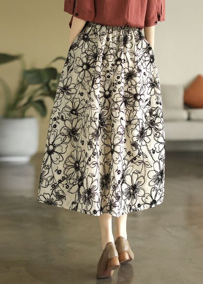 French Beige Embroidered Exra Large Hem Pockets Linen Skirts Summer