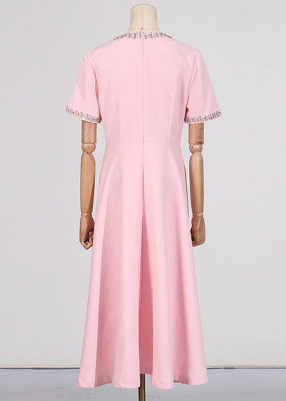 Pink O Neck Zircon Bow Cotton Long Dress Summer