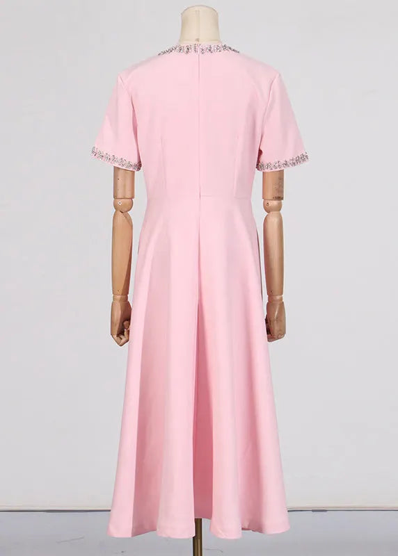 Pink O Neck Zircon Bow Cotton Long Dress Summer