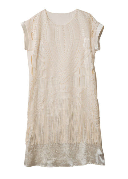 Beige Tasseled False Two Pieces Patchwork Chiffon Dress Summer