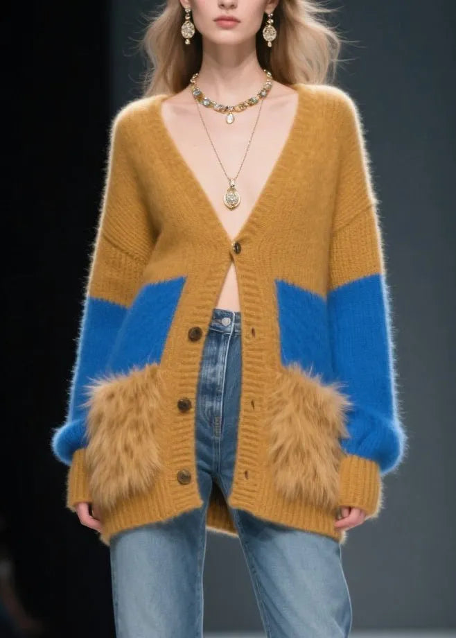 Coffee Patchwork Faux Fur Knit Cardigans Oversized Winter