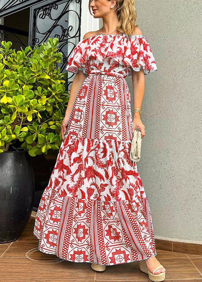 Classy Blue Slash Neck Ruffled Print Cotton Dresses Summer