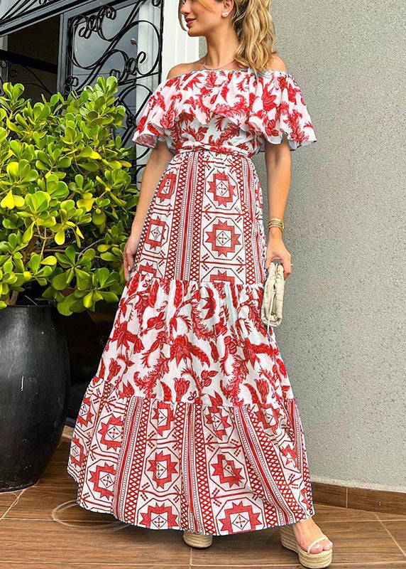 Classy Blue Slash Neck Ruffled Print Cotton Dresses Summer