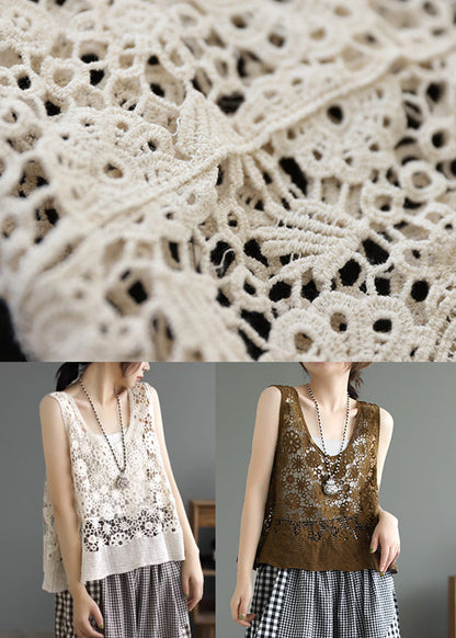Simple Beige O-neck Patchwork Cotton Vest Sleeveless
