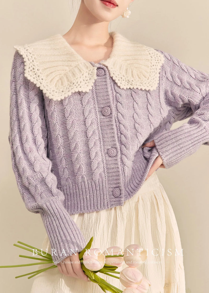 Purple Peter Pan Collar Button Knit Cardigan Fall