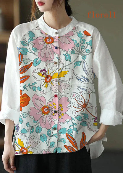 Modern White-cashew Pattern Loose Patchwork Pockets Fall Long Sleeve Blouse Top