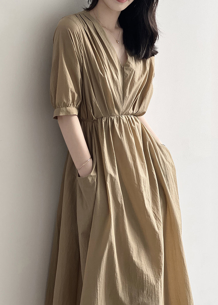Khaki V Neck Pockets Wrinkled Cotton Dress Summer