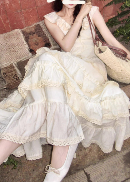 French Apricot V Neck Wrinkled Patchwork Chiffon Long Dress Summer