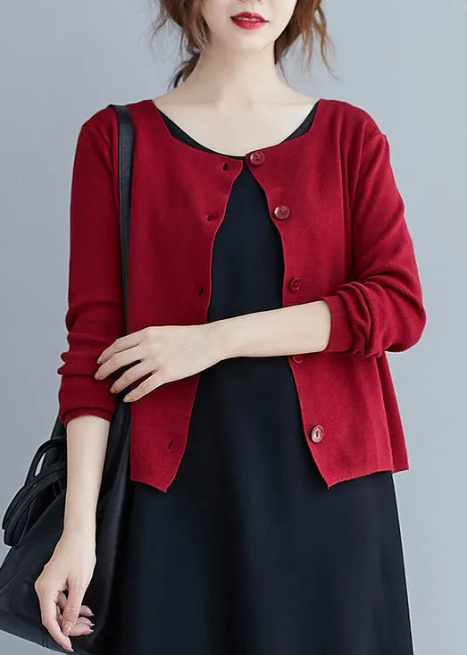 Red O Neck Button Patchwork Knitting Cotton Cardigan Fall