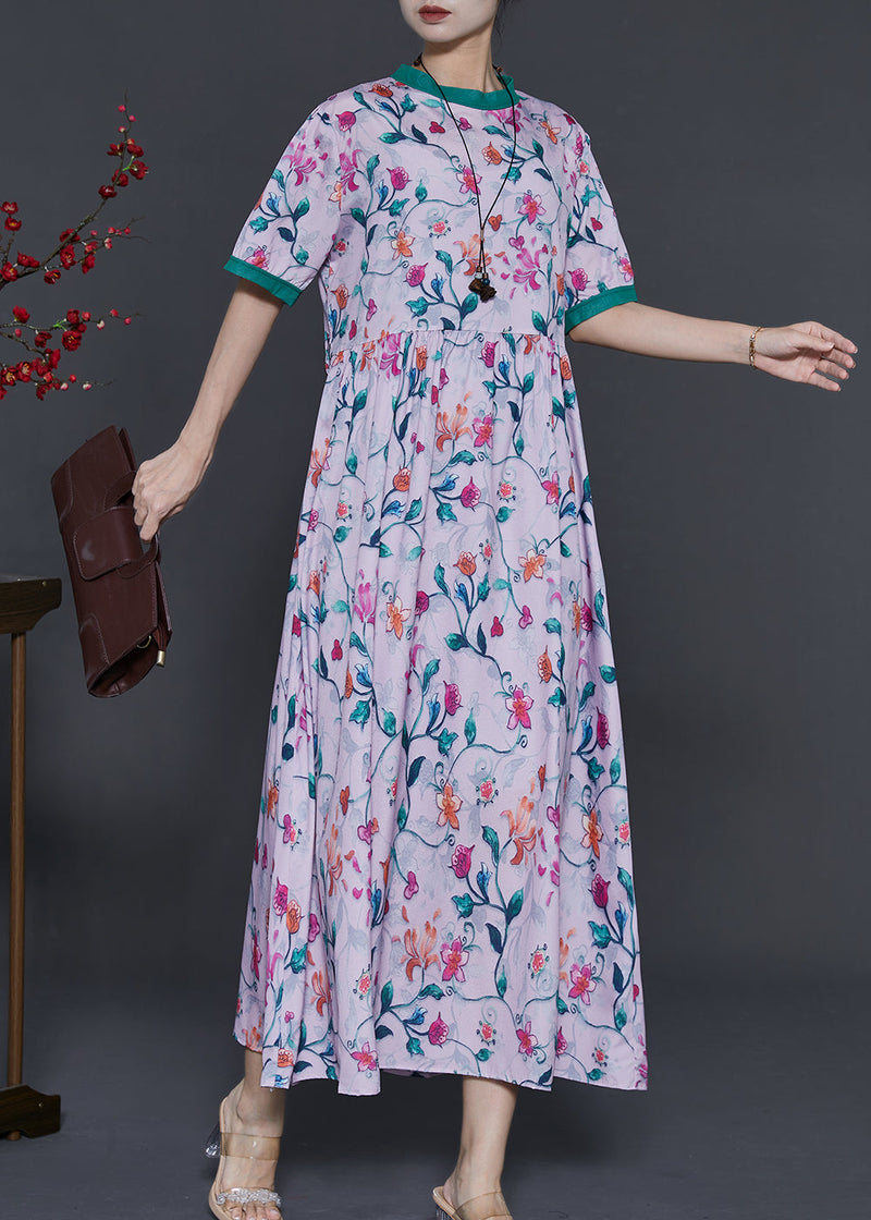 Pink Stand Collar Print Silk Long Dress Summer