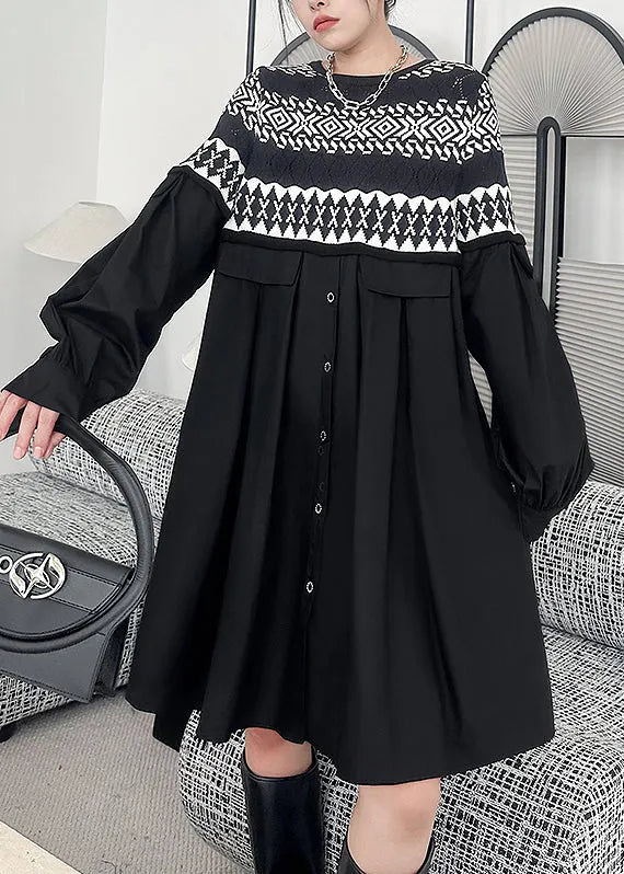 Black O Neck Knit Patchwork Cotton Dresses Fall