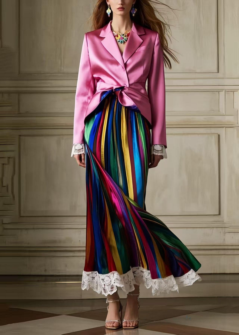 Multicolour Striped Patchwork Lace Silk Pleated Skirt Summer