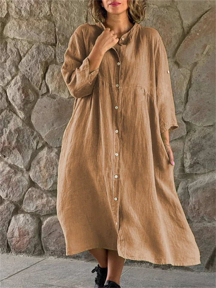 New Seven-quarter Sleeve Cotton and Linen Color Collar Buttons Long Dresses