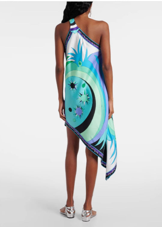 Hanging Neck Backless Print Silk Asymmetrical Dress