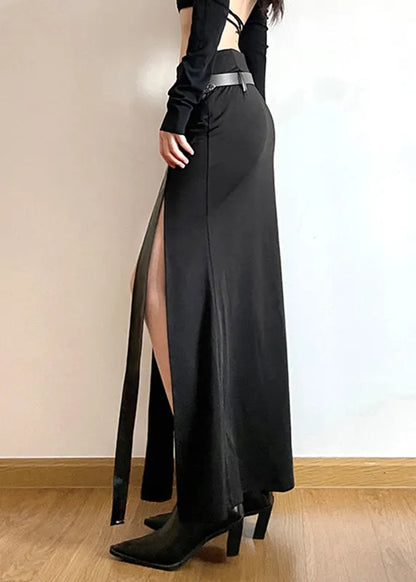 Diy Black Asymmetrical Patchwork Faux Leather Fake Two Piece Skirts Spring