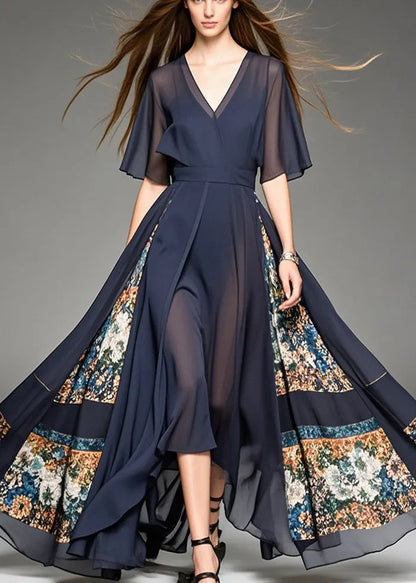 Black Patchwork Print Chiffon Long Dresses Cinched Summer