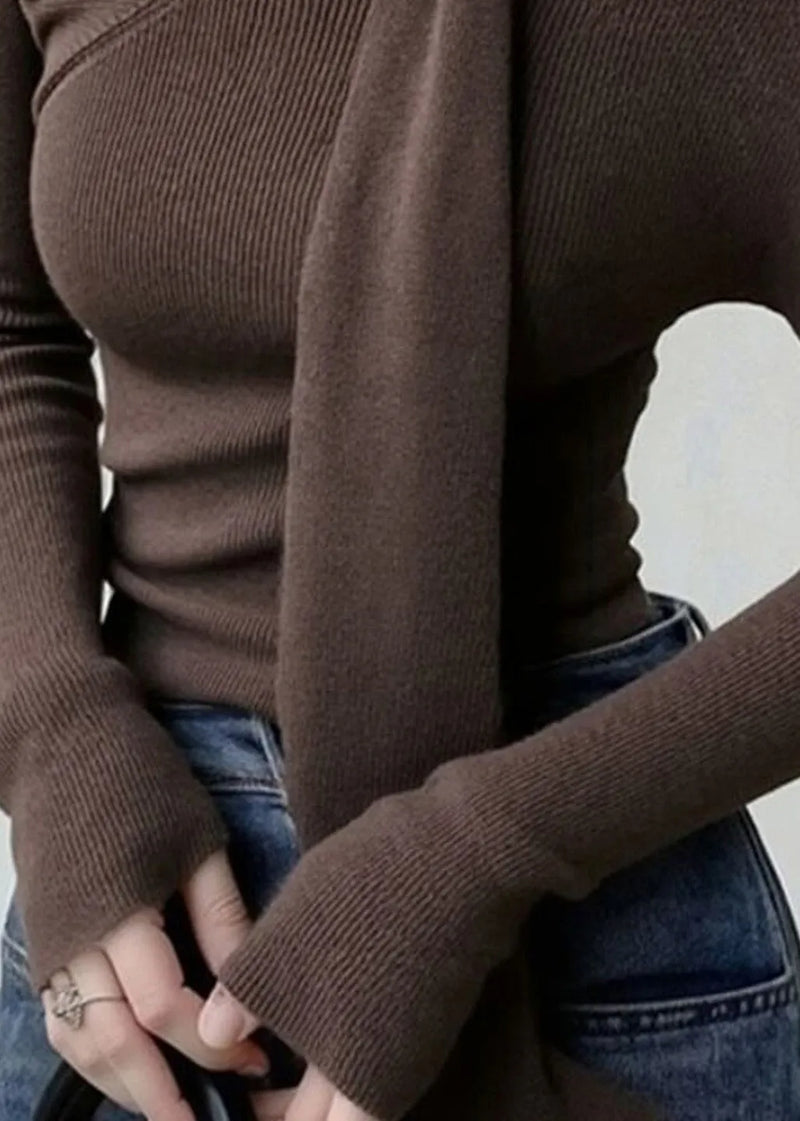 French Coffee Cold Shoulder Knit Top Fall