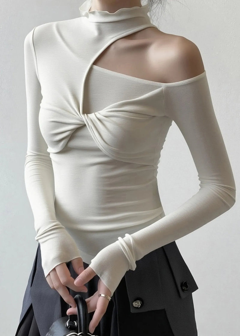 White Turtleneck Patchwork Cold Shoulder Hollow Out Tops Fall