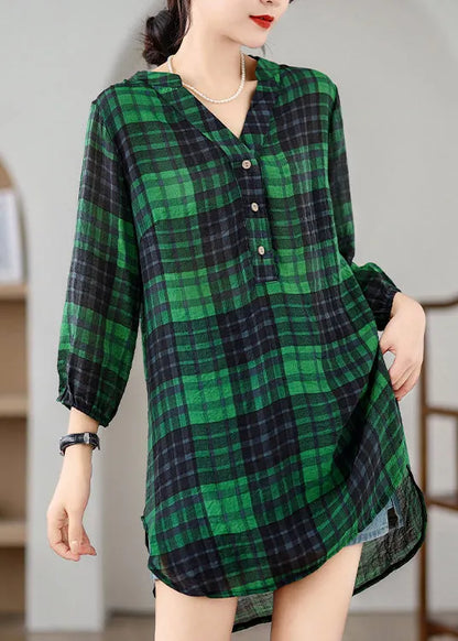 Green Plaid Linen Day Dress V Neck Bracelet Sleeve