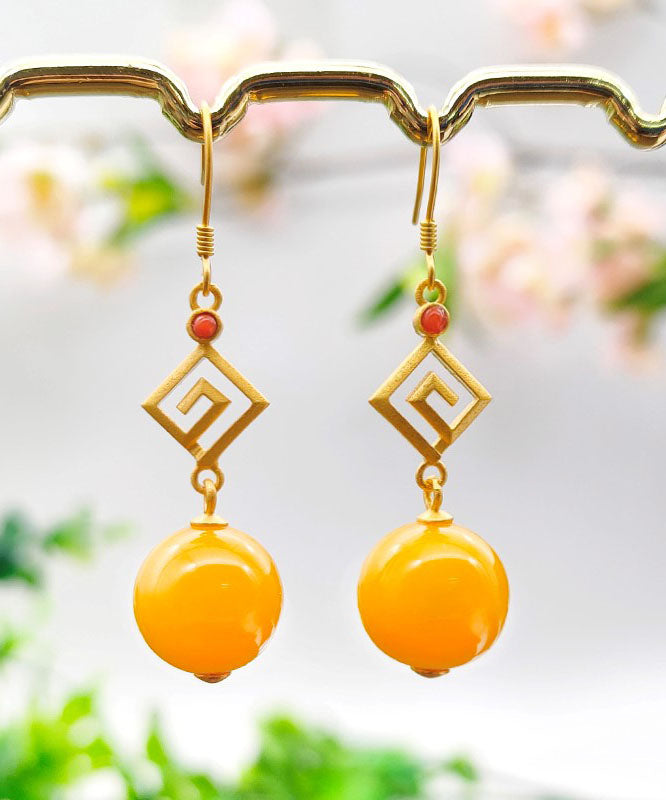 Yellow Sterling Silver Overgild Beeswax Agate Drop Earrings