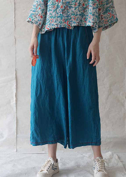 Blue Pockets Linen Wide Leg Pants Summer