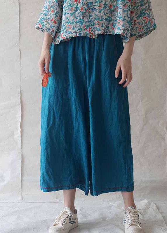 Blue Pockets Linen Wide Leg Pants Summer