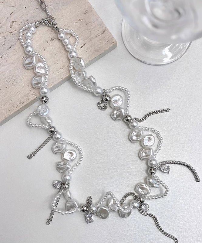 White Copper Zircon Pearl Chain Lariat Necklace