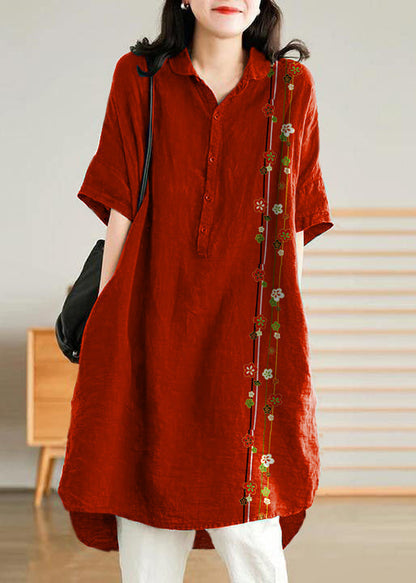 Jade Red Flower Linen Linen Shirt Dress