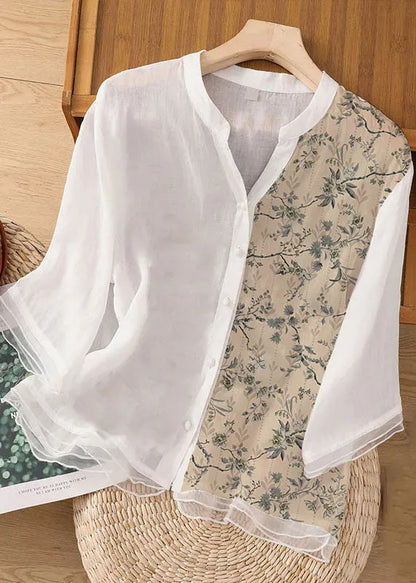 Green Embroideried Button Patchwork Linen Top Bracelet Sleeve