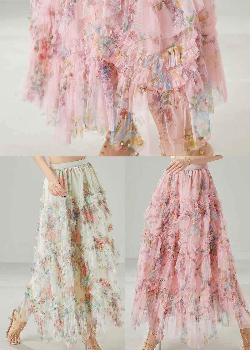 Pink Ruffled Print Tulle Holiday Skirt Summer