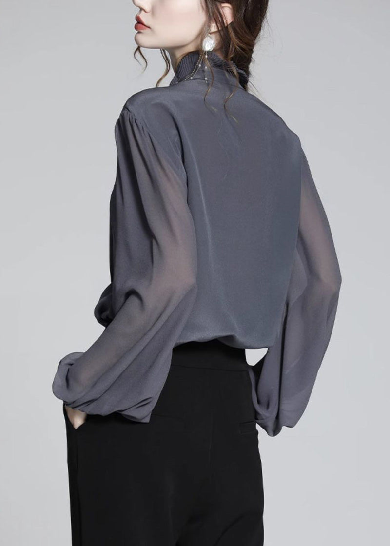 Grey Blue Ruffled Patchwork Chiffon Shirts Spring