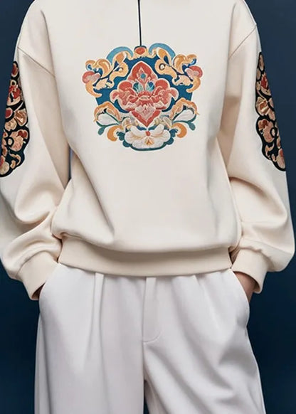 Apricot Stand Collar Print Cotton Pullover Sweatshirt Fall