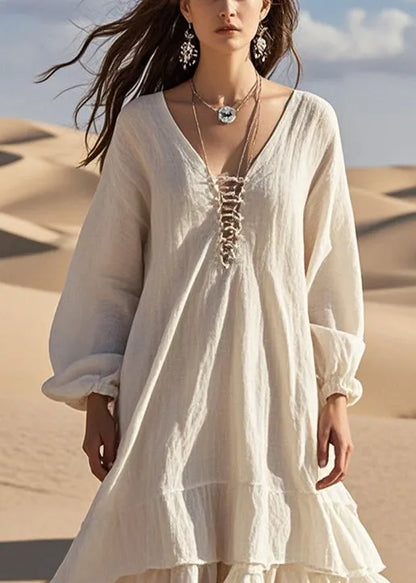 White Oversized Ruffles Cotton Long Dress Fall