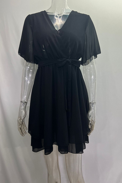 Color Lace Up Ruffle V Neck a Line Dresses(3 Colors)