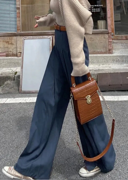 Navy Wrinkled Spandex Wide Leg Pants High Waist