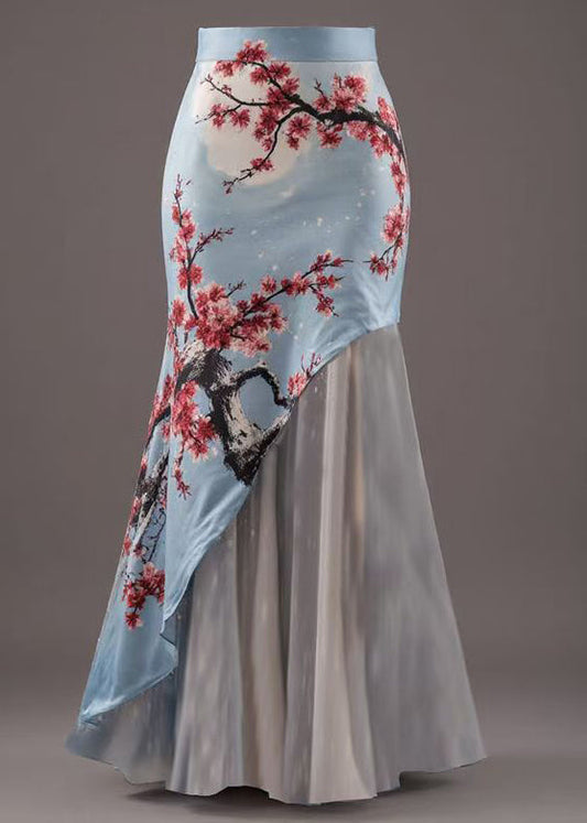 New Blue Asymmetrical Print Patchwork Skirts Summer