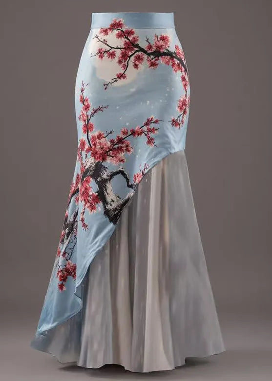 New Blue Asymmetrical Print Patchwork Skirts Summer