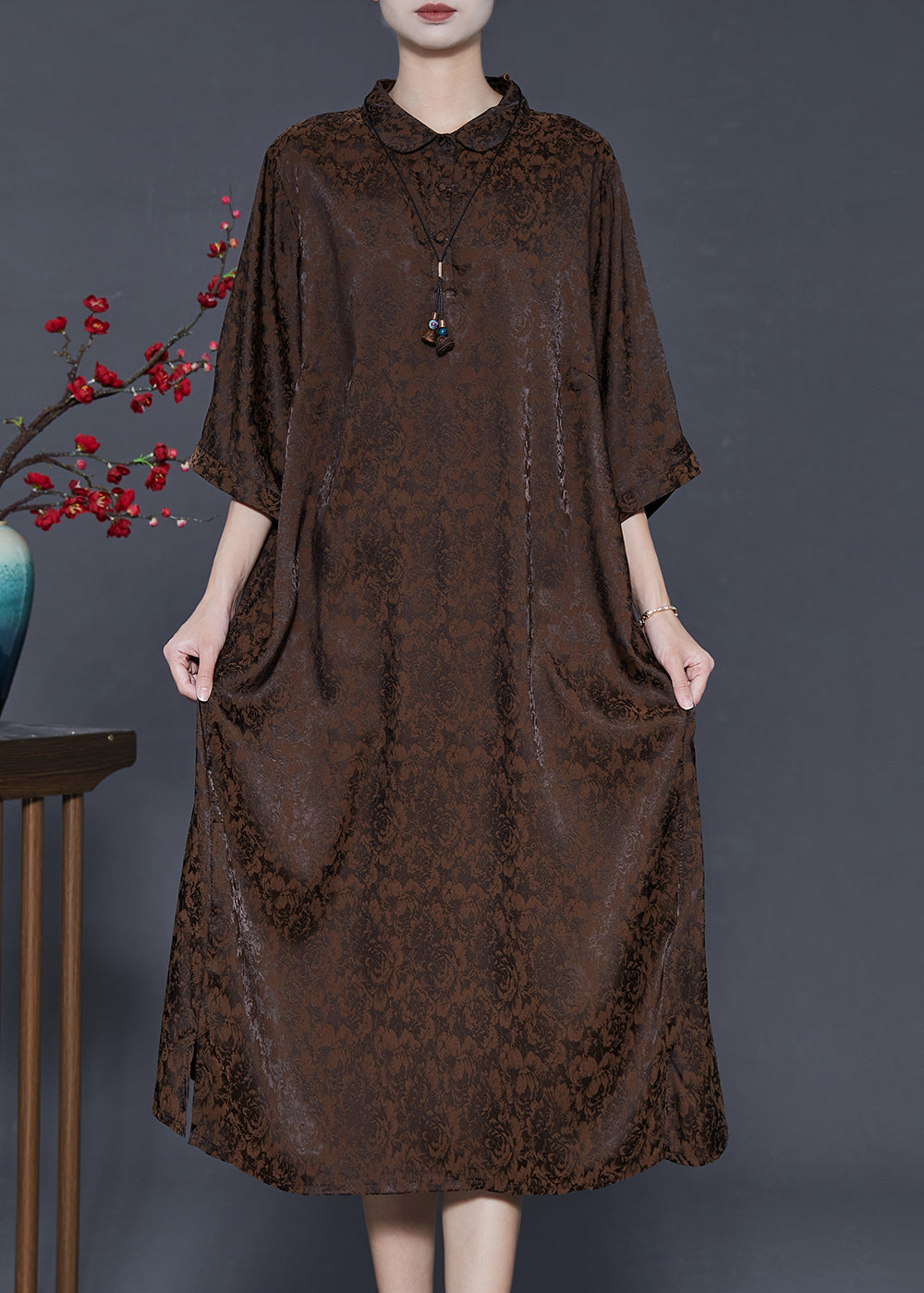 Chocolate Jacquard Silk Maxi Dresses Bracelet Sleeve