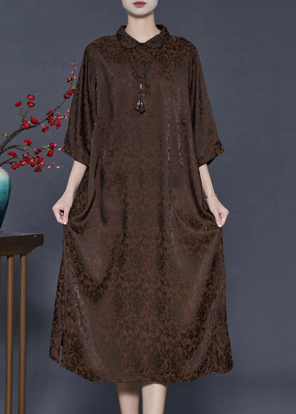 Chocolate Jacquard Silk Maxi Dresses Bracelet Sleeve
