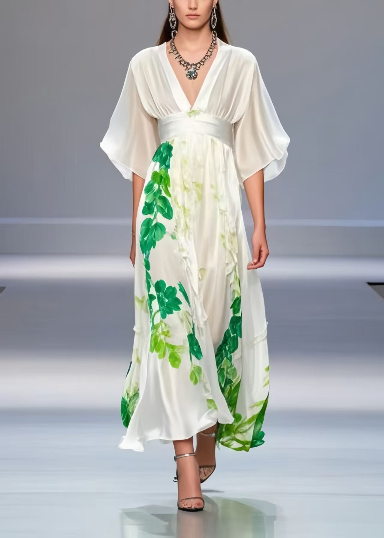 White Cinched Print Silk Long Dress Summer