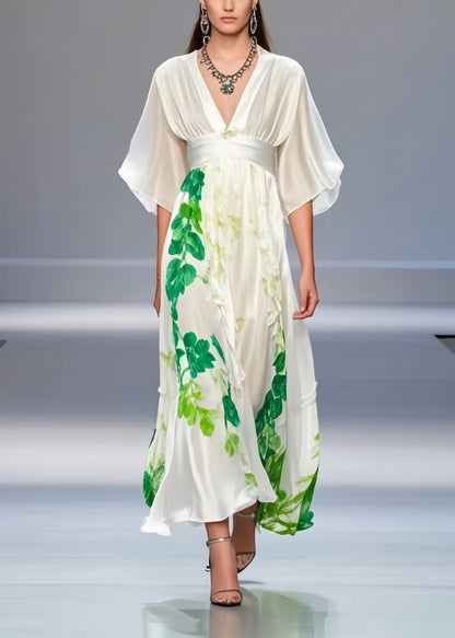 White Cinched Print Silk Long Dress Summer